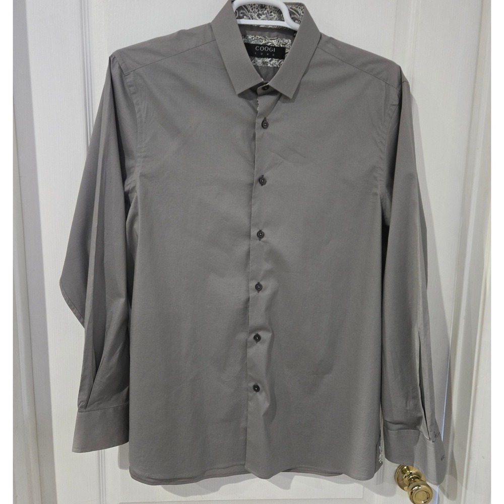 Coogi Luxe Button Down Shirt Mens XL Grey Excellent Paisley Trim Long Sleeve